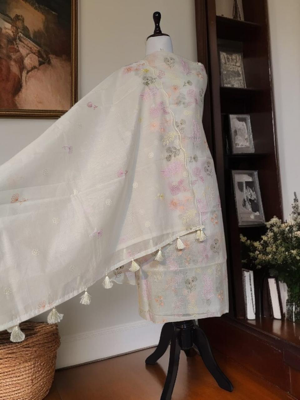 Pure Banarasi Mul Chanderi Silk Unstitched Suit With Embroidery Work