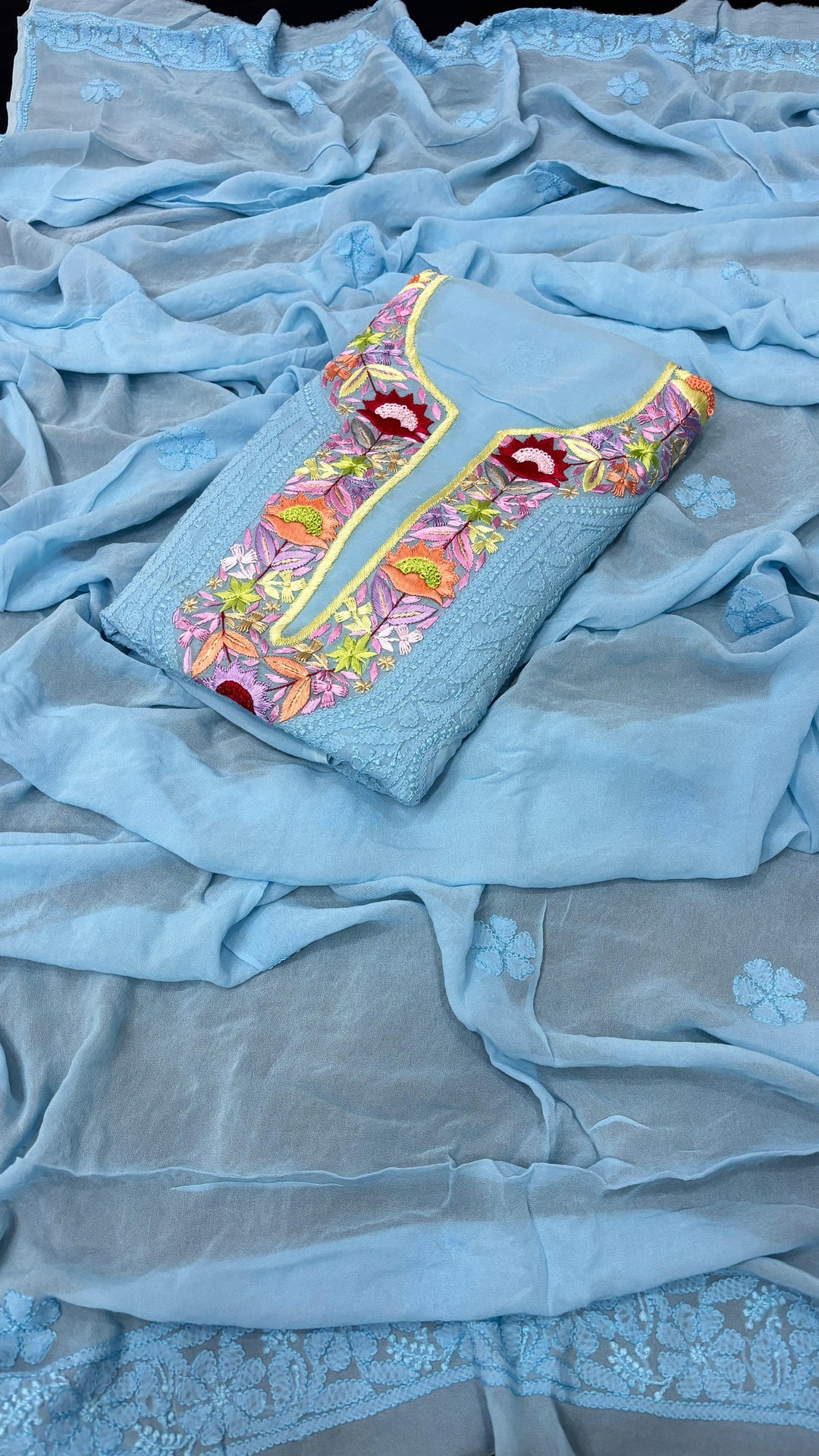 Pure Georgetta Chikankari Jall Work Unstitched Suit.