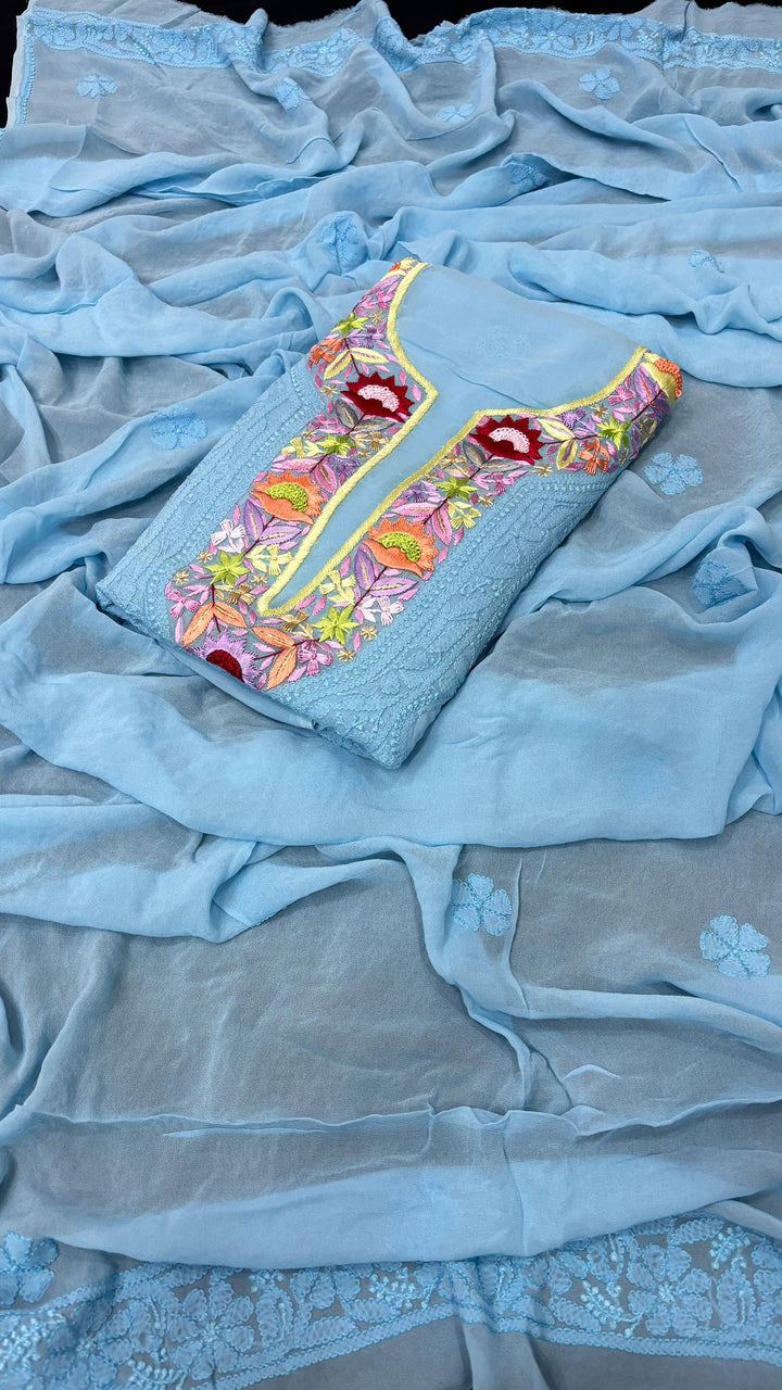 Pure Georgetta Chikankari Jall Work Unstitched Suit.