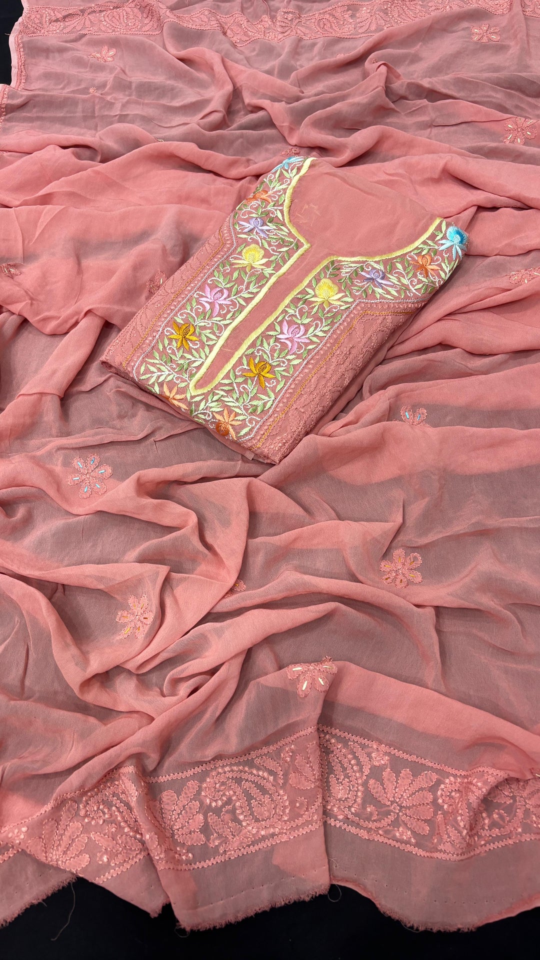 Pure Georgetta Chikankari Jall Work Unstitched Suit.