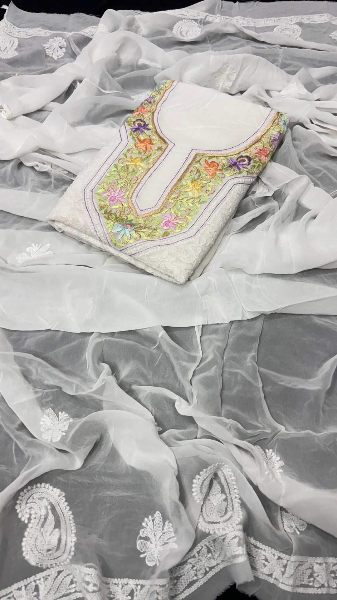 Pure Georgetta Chikankari Jall Work Unstitched Suit.
