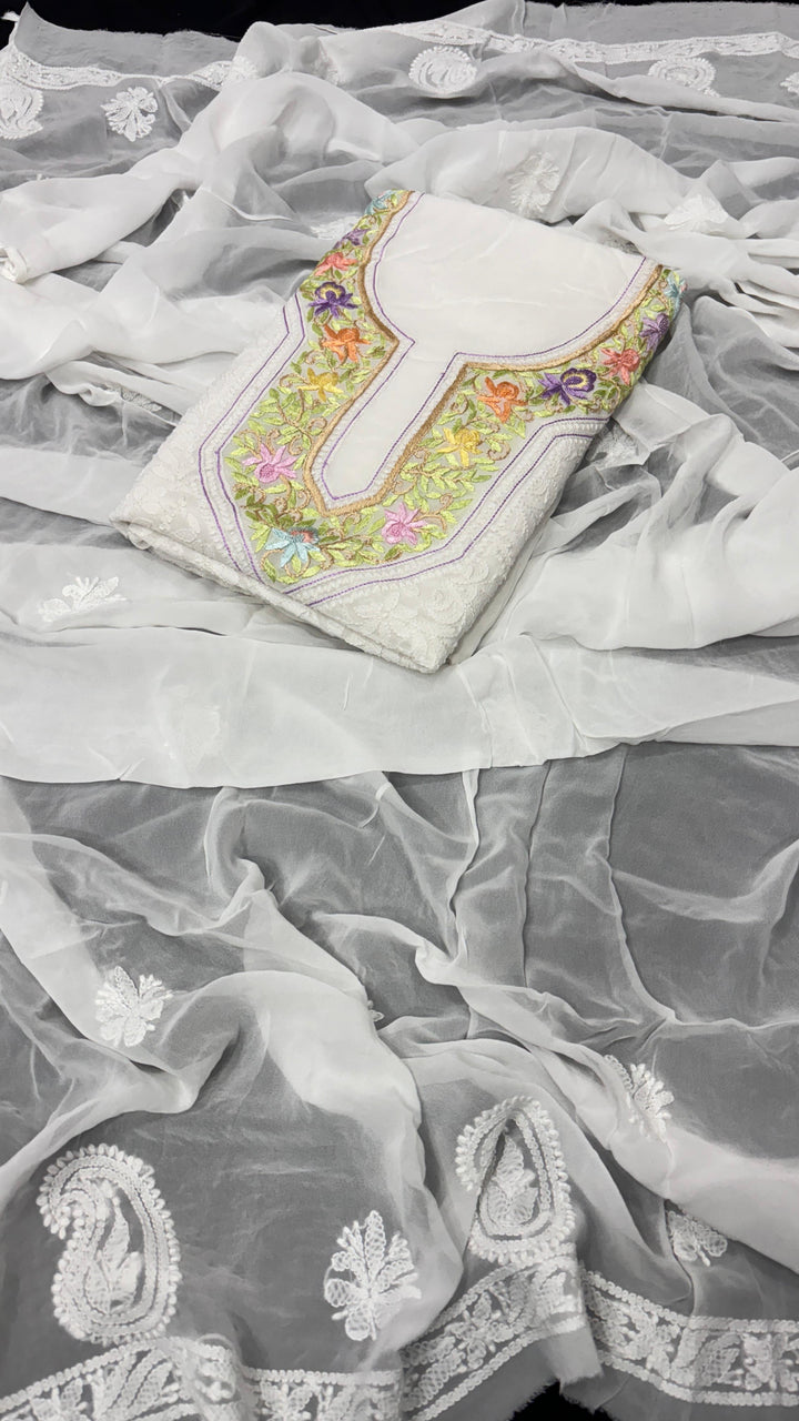 Pure Georgetta Chikankari Jall Work Unstitched Suit.