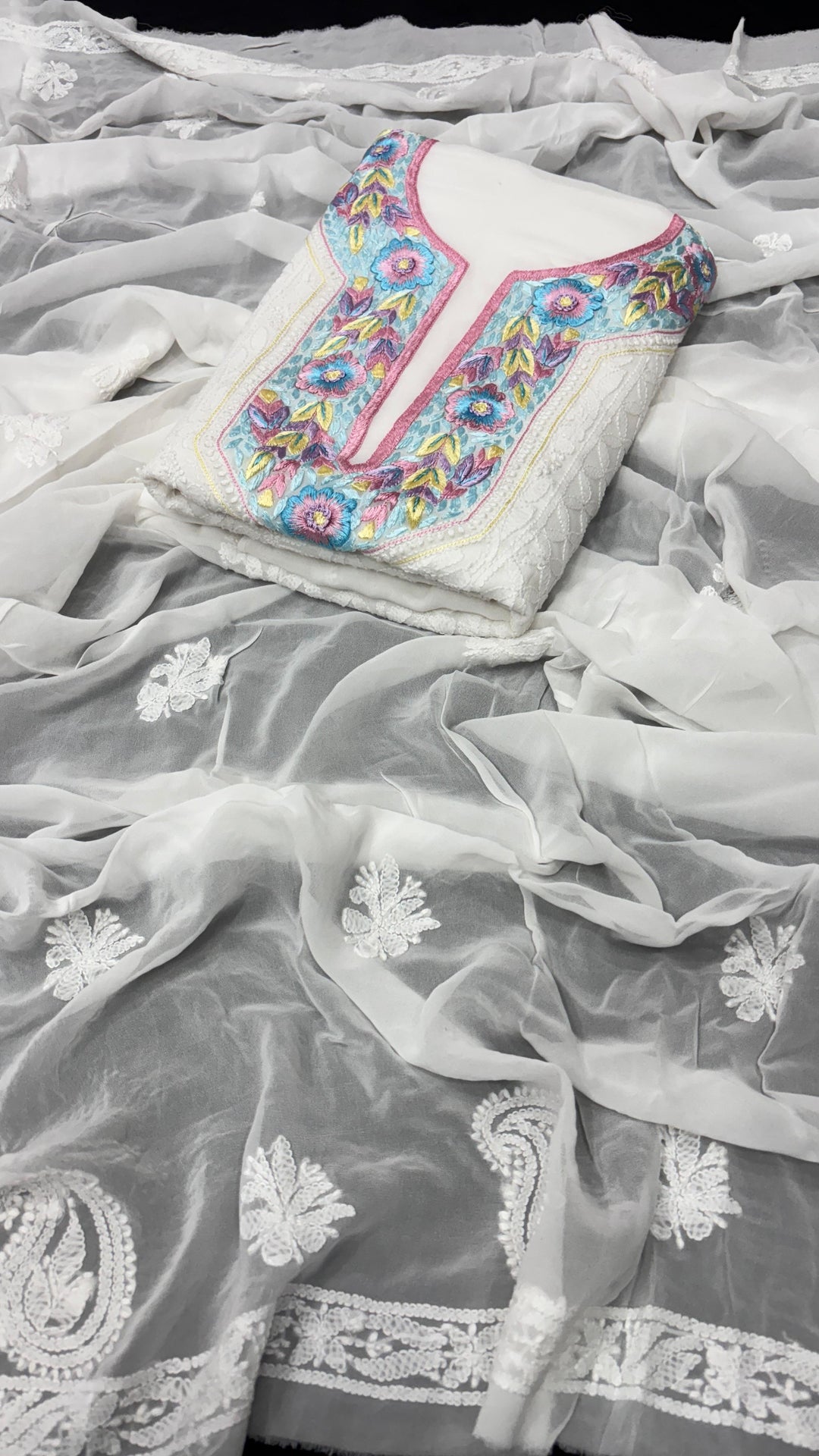 Pure Georgetta Chikankari Jall Work Unstitched Suit.