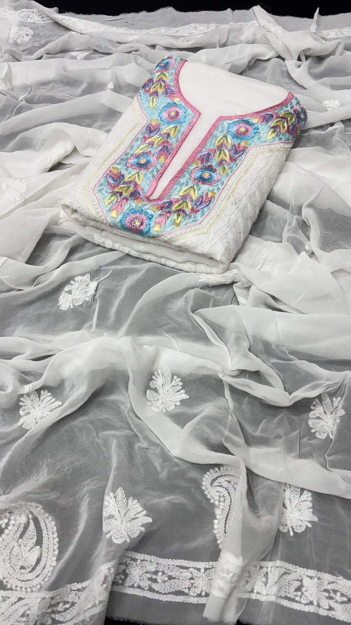 Pure Georgetta Chikankari Jall Work Unstitched Suit.