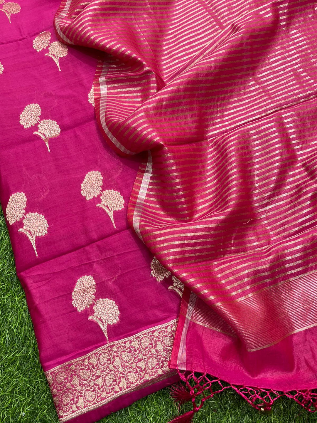 Pure Banarasi Resham Chanderi Silk Unstitched Suit With Zari Stripe Dupatta