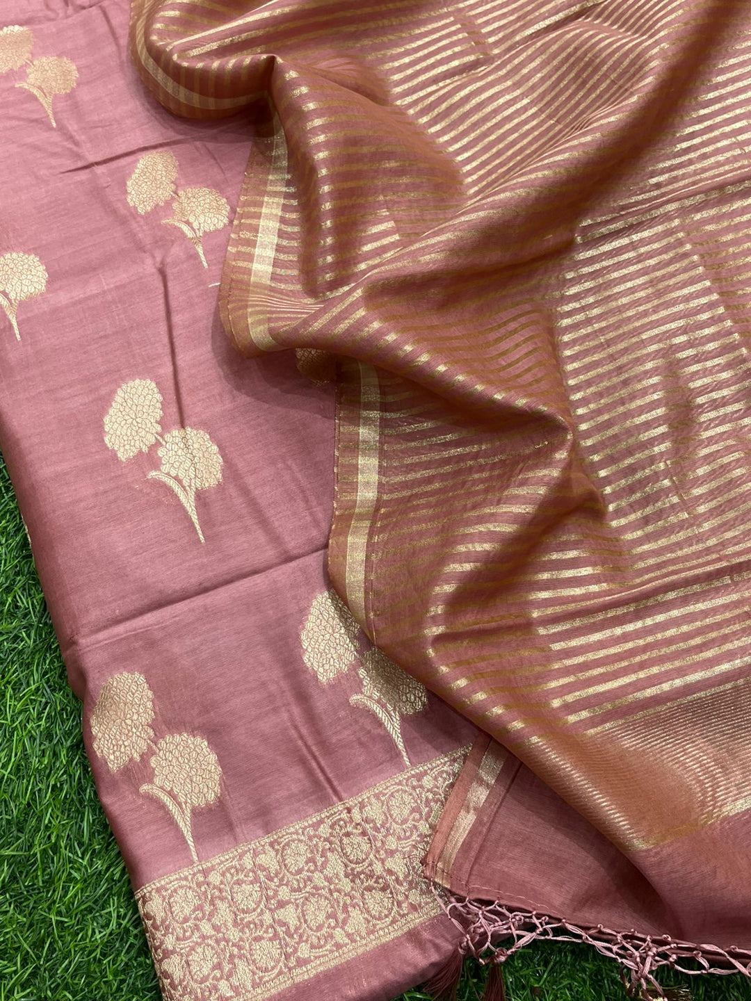 Pure Banarasi Resham Chanderi Silk Unstitched Suit With Zari Stripe Dupatta