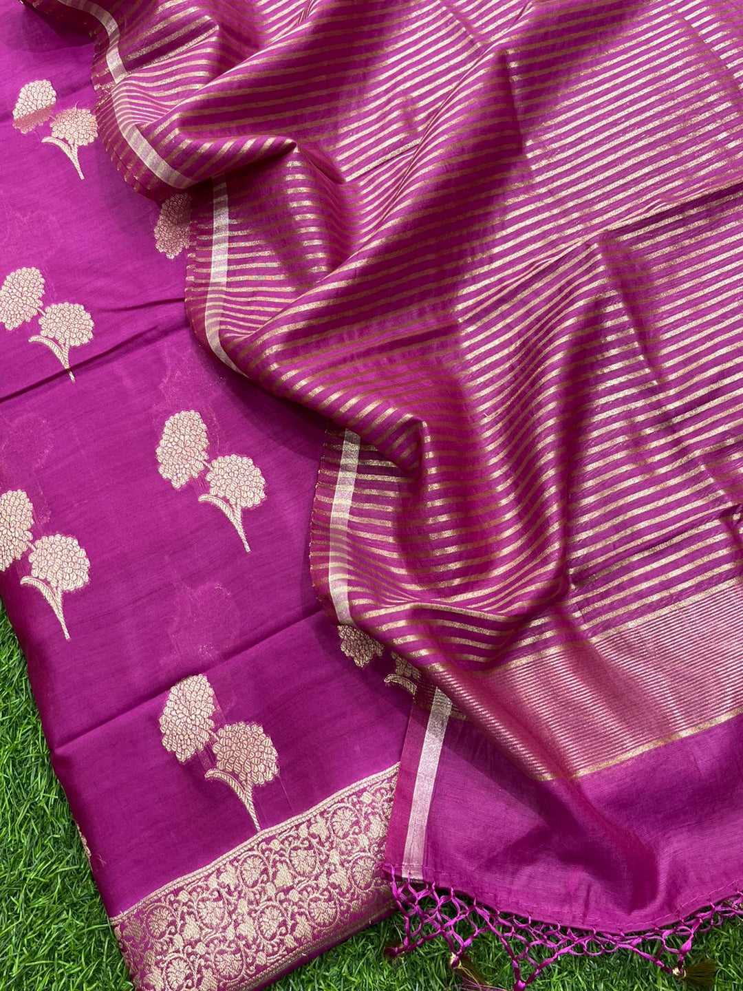 Pure Banarasi Resham Chanderi Silk Unstitched Suit With Zari Stripe Dupatta