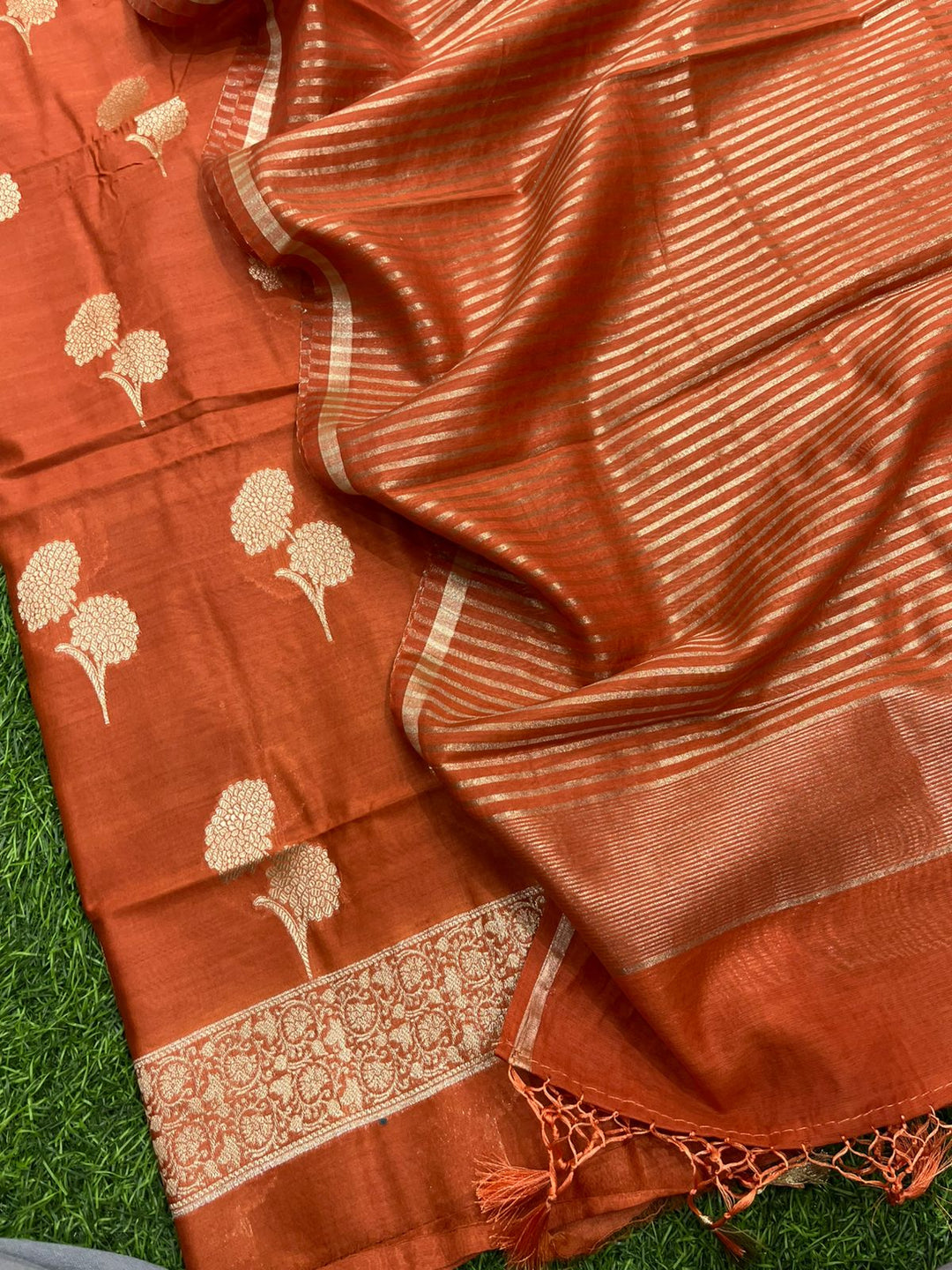 Pure Banarasi Resham Chanderi Silk Unstitched Suit With Zari Stripe Dupatta