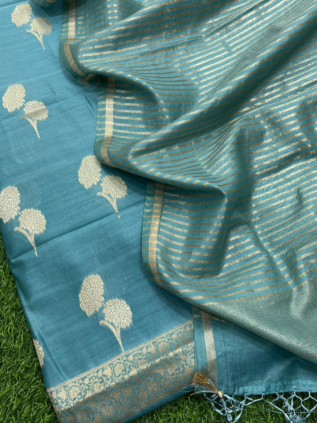 Pure Banarasi Resham Chanderi Silk Unstitched Suit With Zari Stripe Dupatta