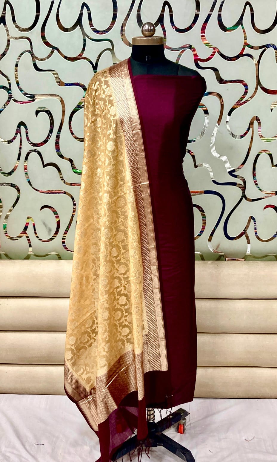 Banarasi Silk plain Unstitched Suit with lorex jaal Work Dupatta