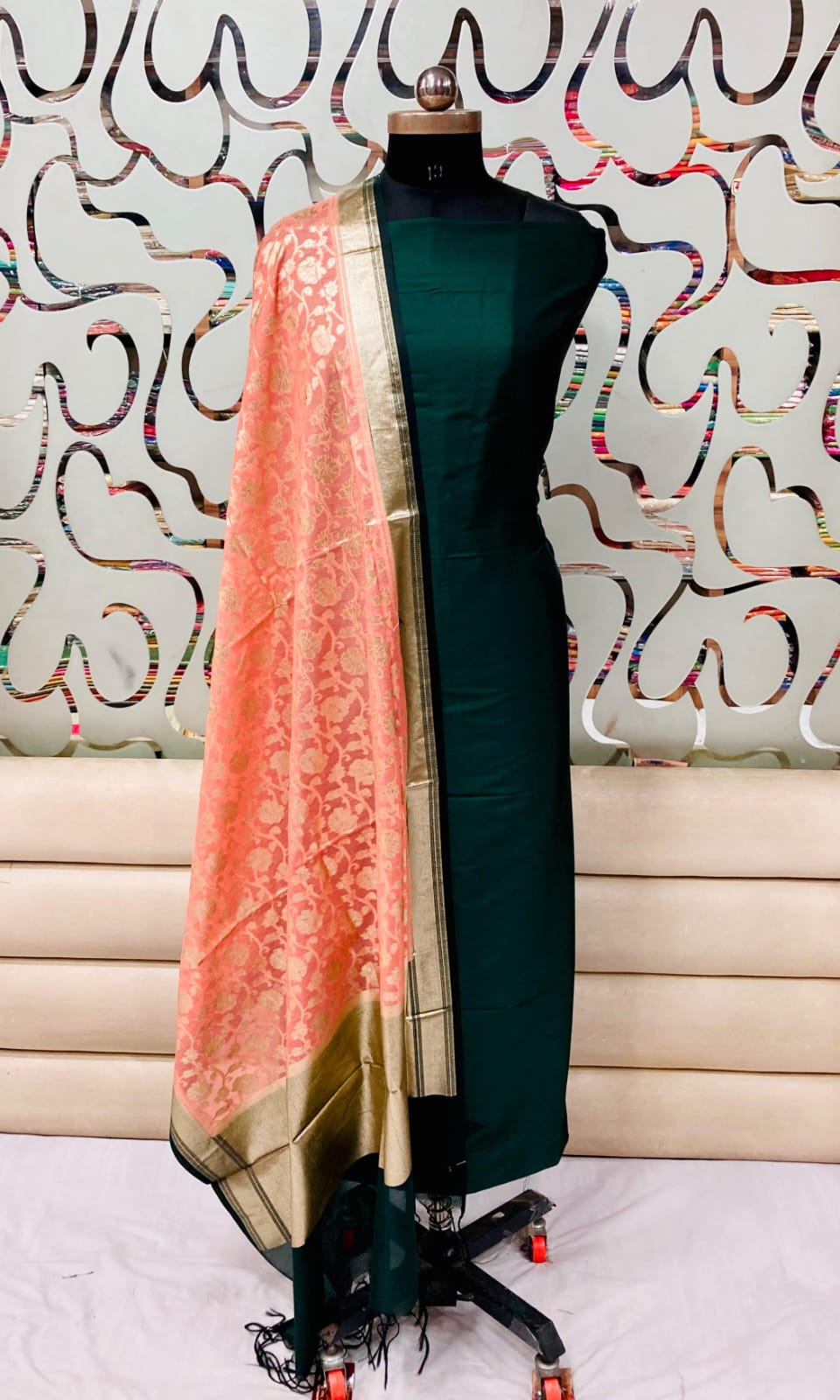 Banarasi Silk plain Unstitched Suit with lorex jaal Work Dupatta