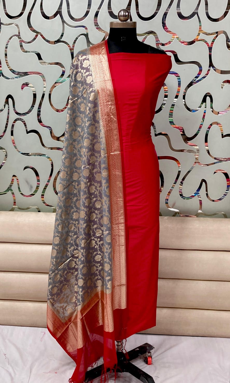 Banarasi Silk plain Unstitched Suit with lorex jaal Work Dupatta