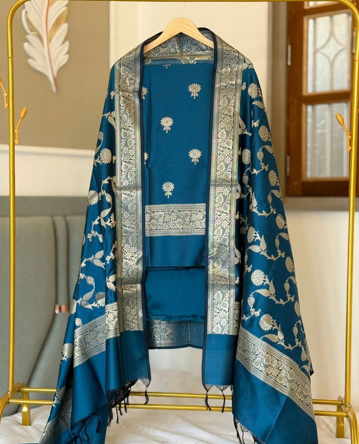 Banarasi Katan Silk Unstitched Suit set With Flower Zari buta