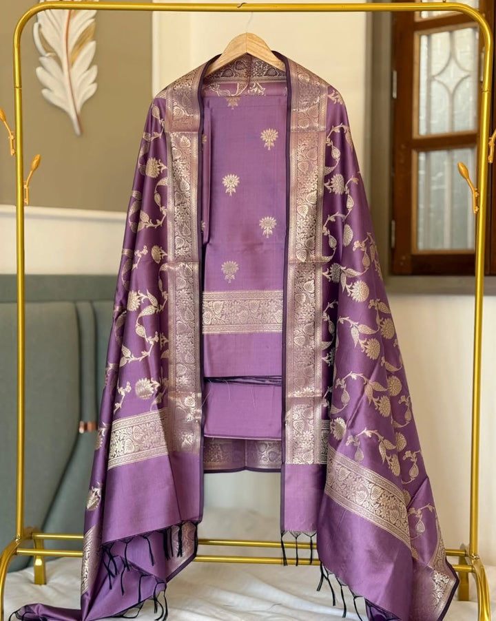 Banarasi Katan Silk Unstitched Suit set With Flower Zari buta