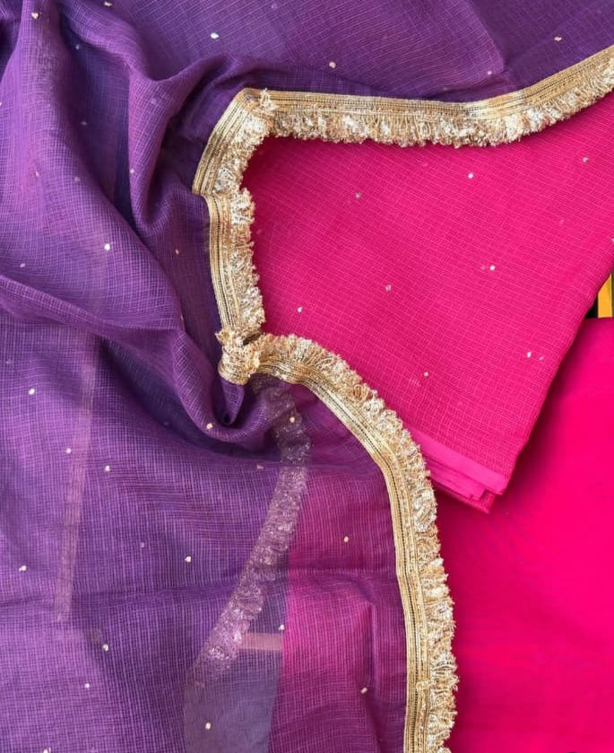 Pure Kota doria 3 pc Unstitched Suit with Mukaish work