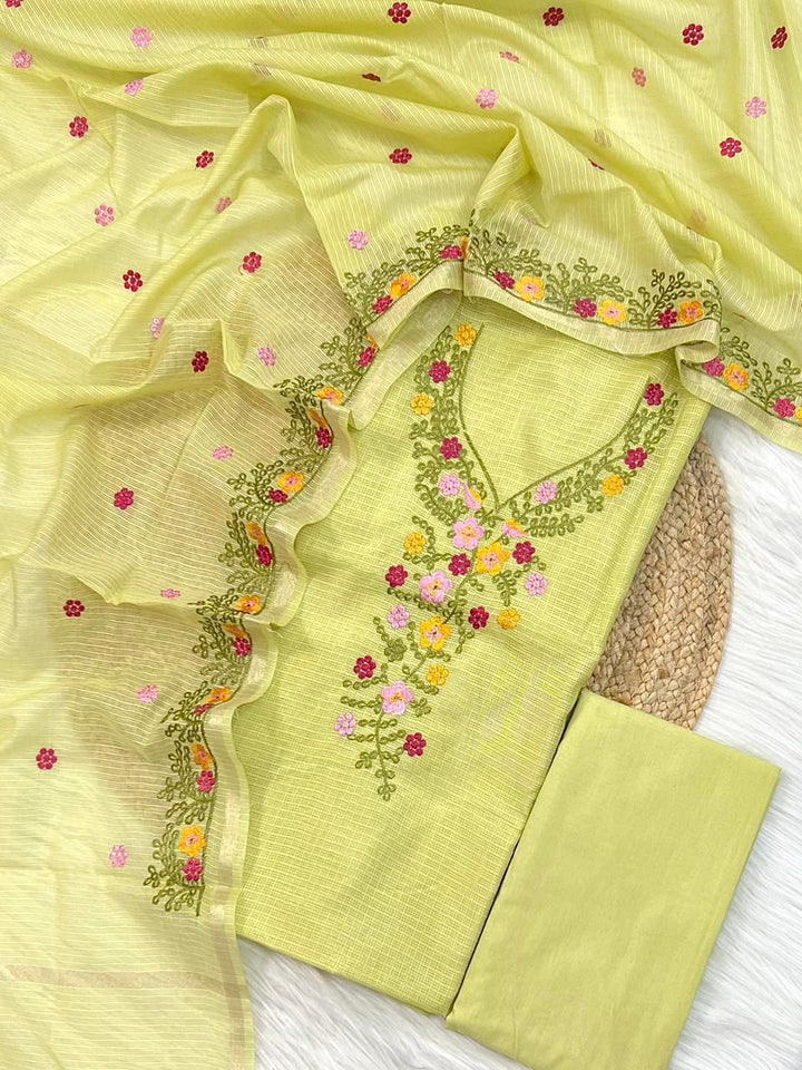 Exclusive Pure Kota Silk Unstitched Suit With Embroidery Work