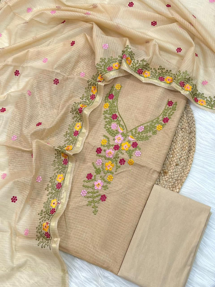 Exclusive Pure Kota Silk Unstitched Suit With Embroidery Work