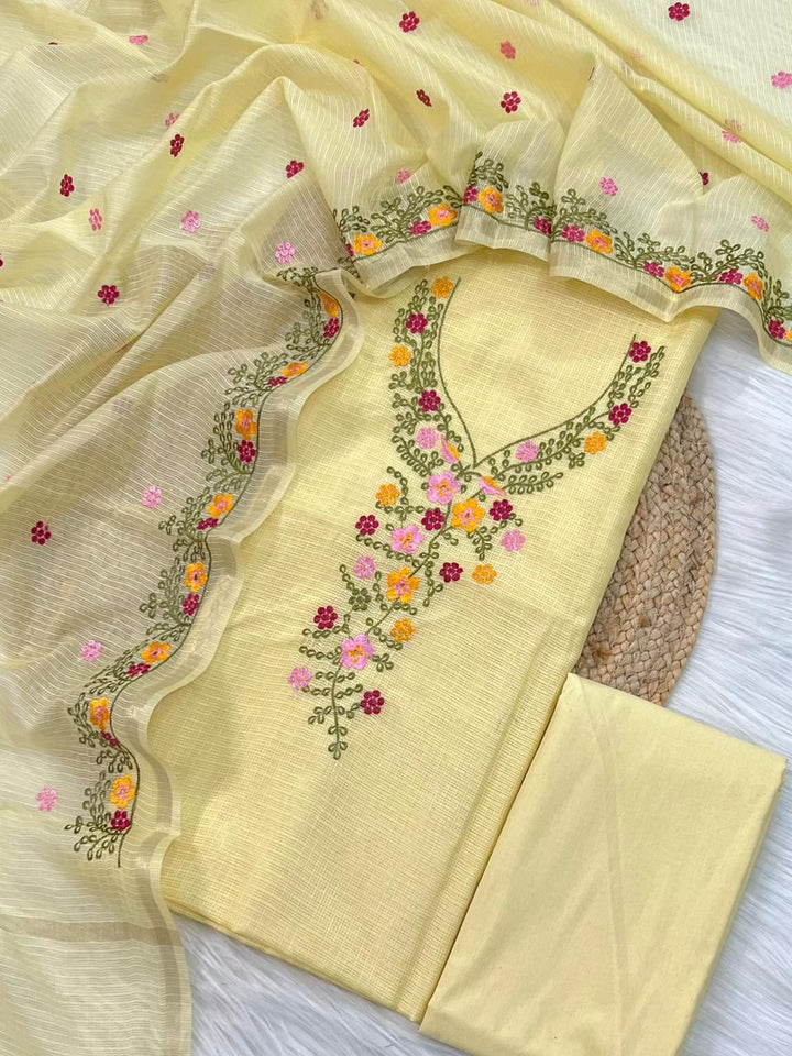Exclusive Pure Kota Silk Unstitched Suit With Embroidery Work