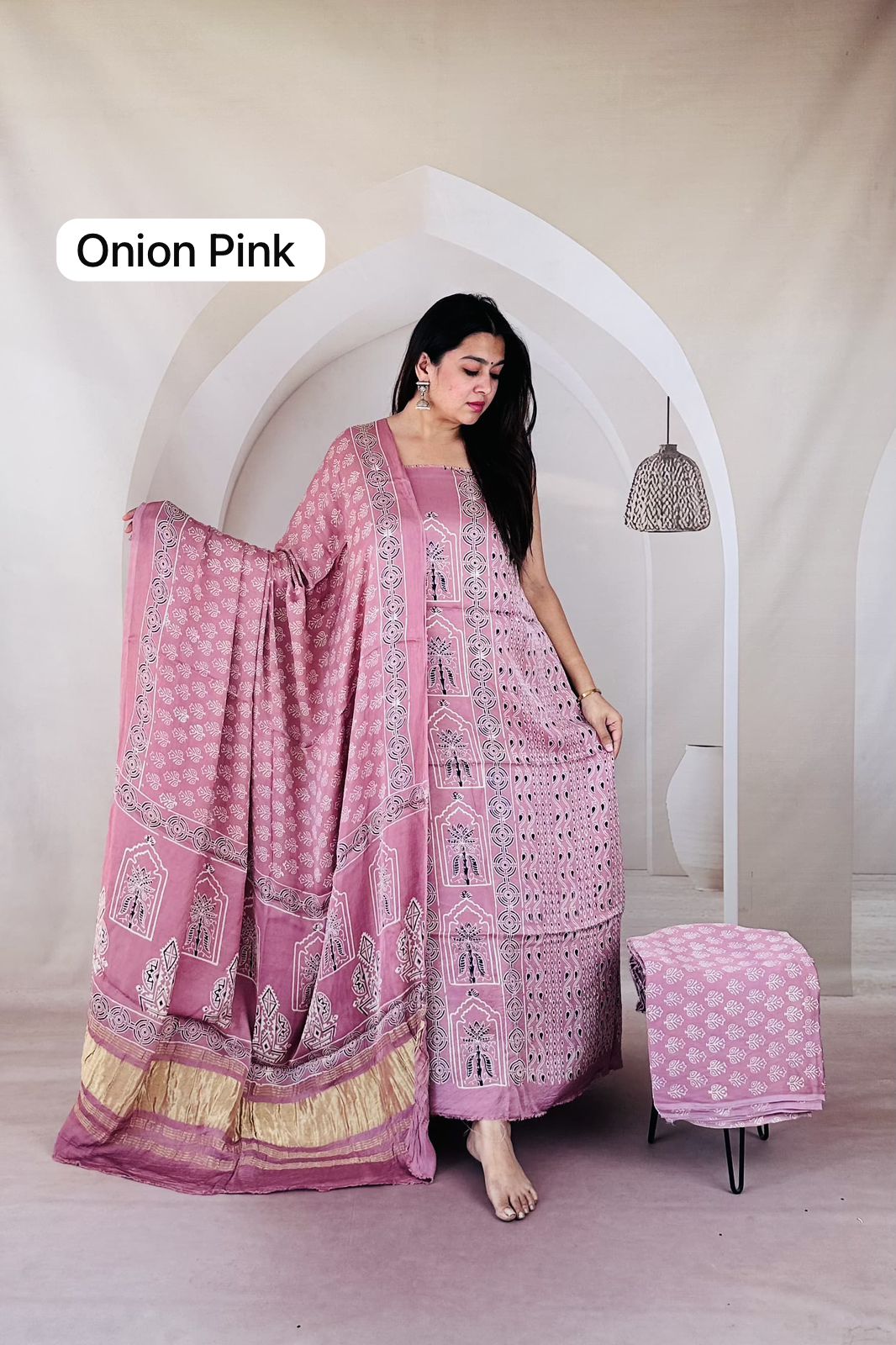 Pure Modal Silk Ajrakh Hand Block Zari Pallu Weaved 3pc Unstitched Suit