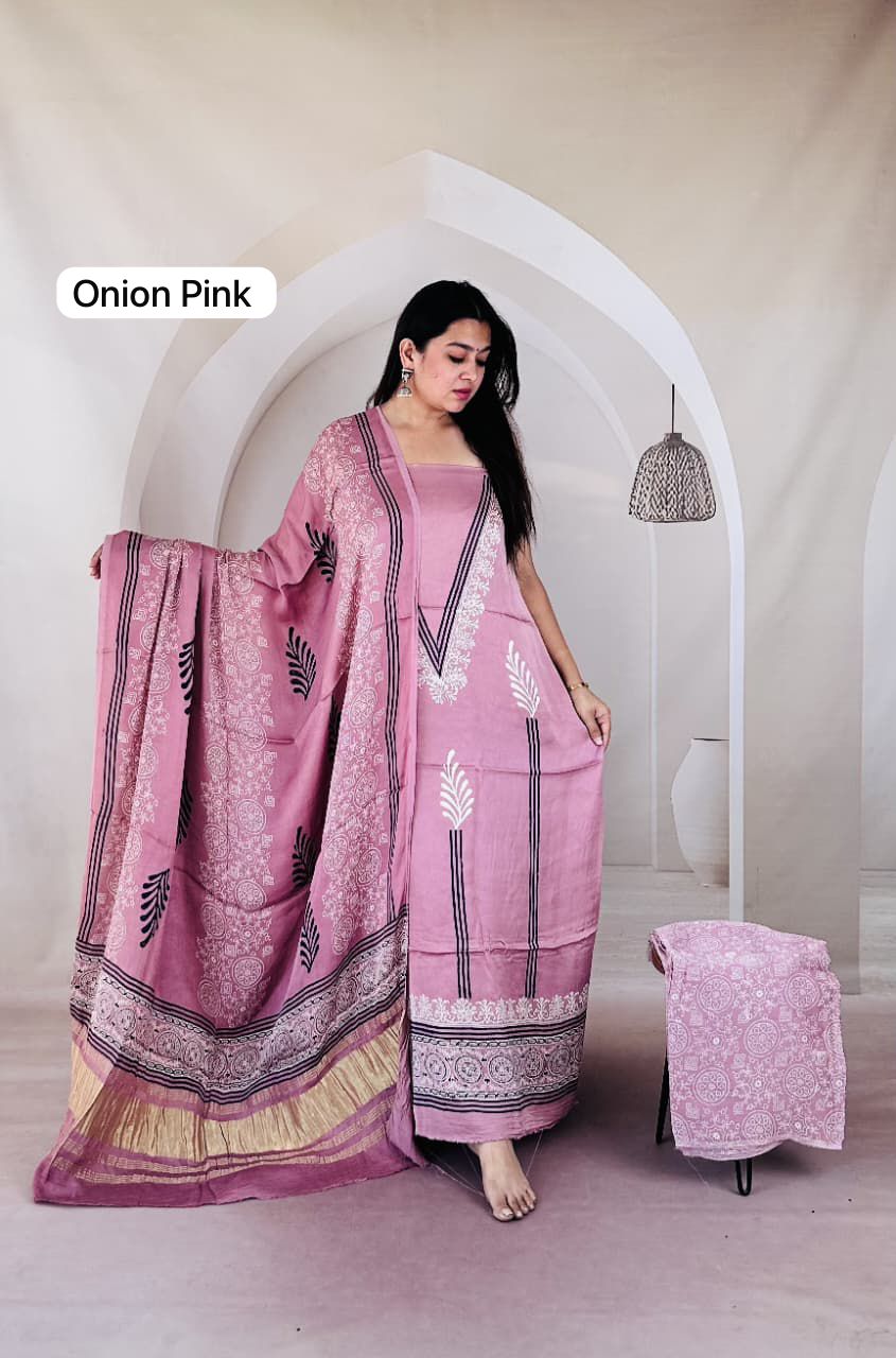 Pure Modal Silk Ajrakh Hand Block Zari Pallu Weaved 3pc Unstitched Suit
