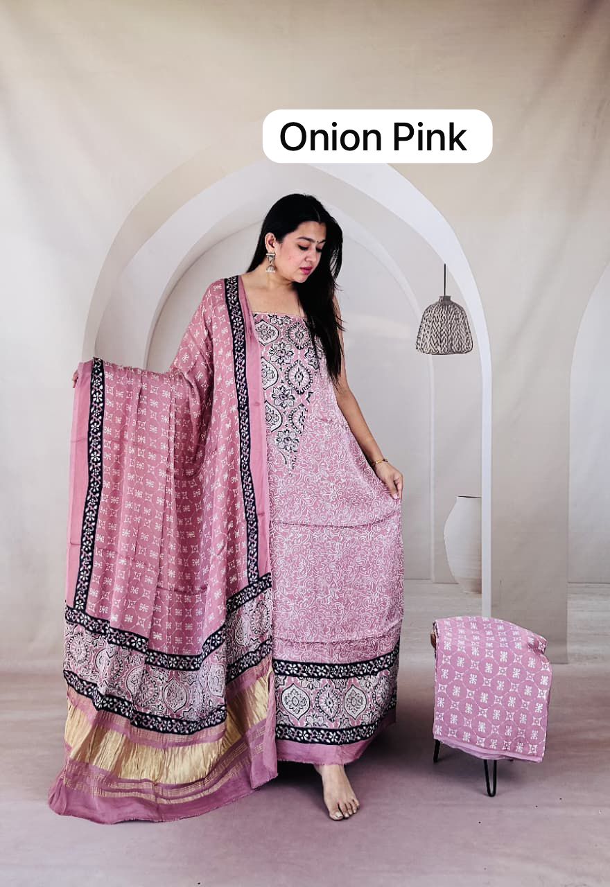 Pure Modal Silk Ajrakh Hand Block Zari Pallu Weaved 3pc Unstitched Suit
