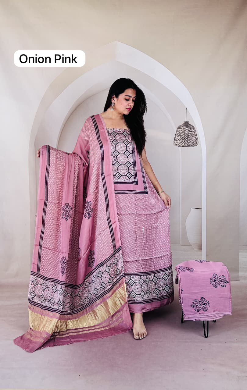 Pure Modal Silk Ajrakh Hand Block Zari Pallu Weaved 3pc Unstitched Suit
