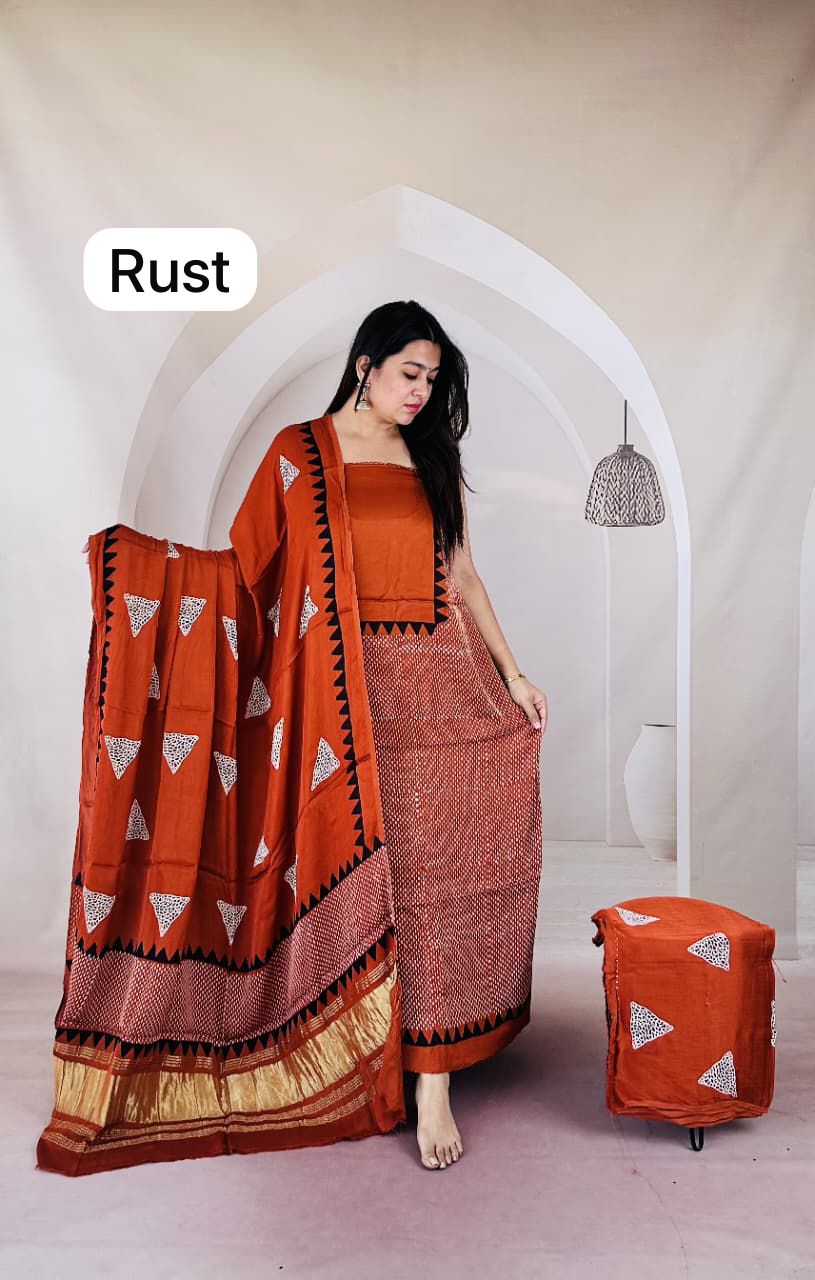 Pure Modal Silk Ajrakh Hand Block Zari Pallu Weaved 3pc Unstitched Suit