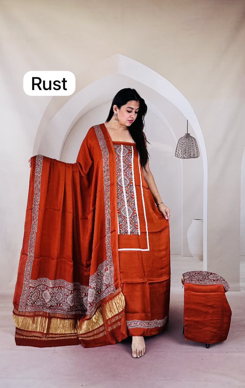 Pure Modal Silk Ajrakh Hand Block Zari Pallu Weaved 3pc Unstitched Suit