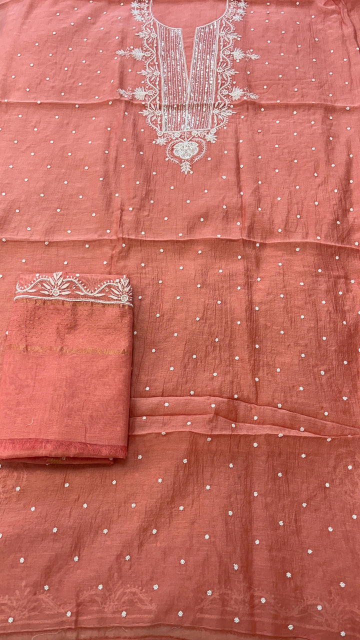Pure Mul- Mul Chakiankari Work Unstitched Suit with Pearl and Cutdana work