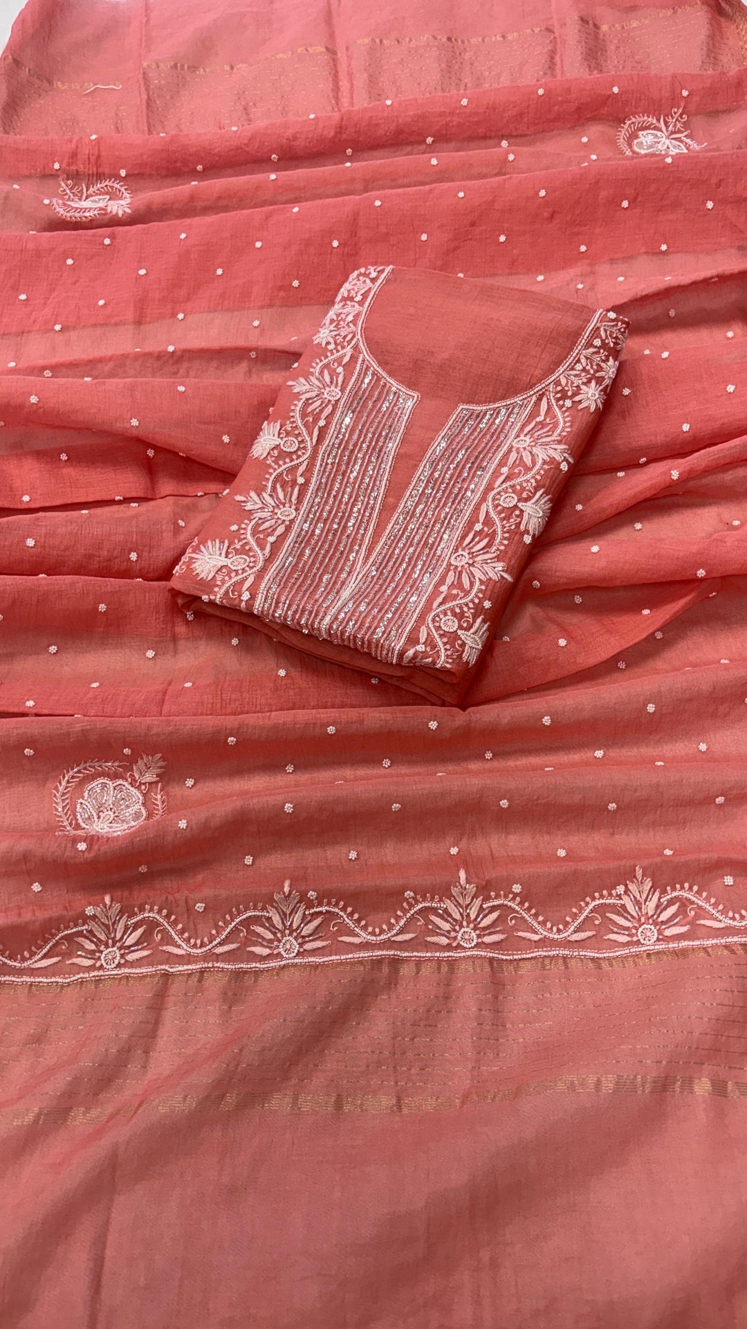 Pure Mul- Mul Chakiankari Work Unstitched Suit with Pearl and Cutdana work