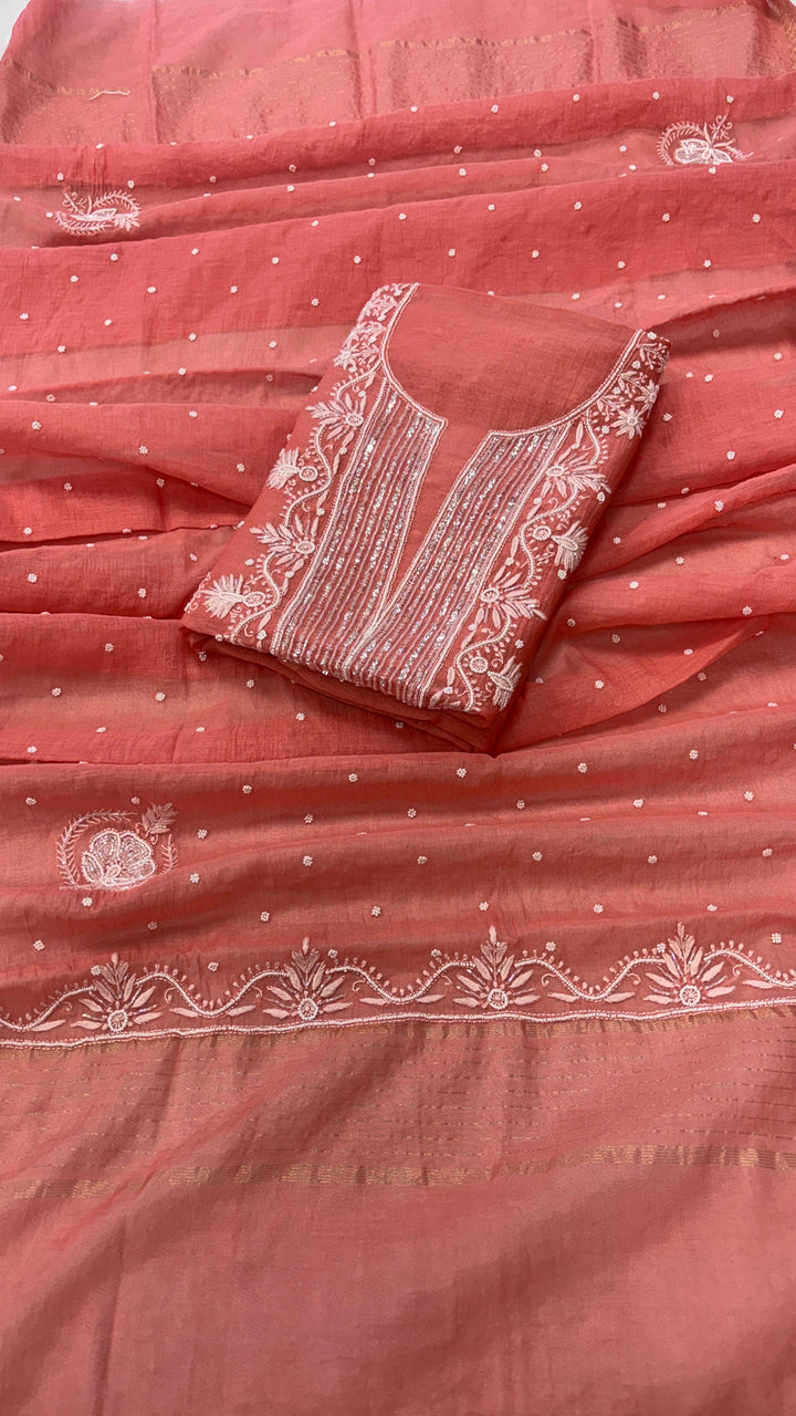 Pure Mul- Mul Chakiankari Work Unstitched Suit with Pearl and Cutdana work