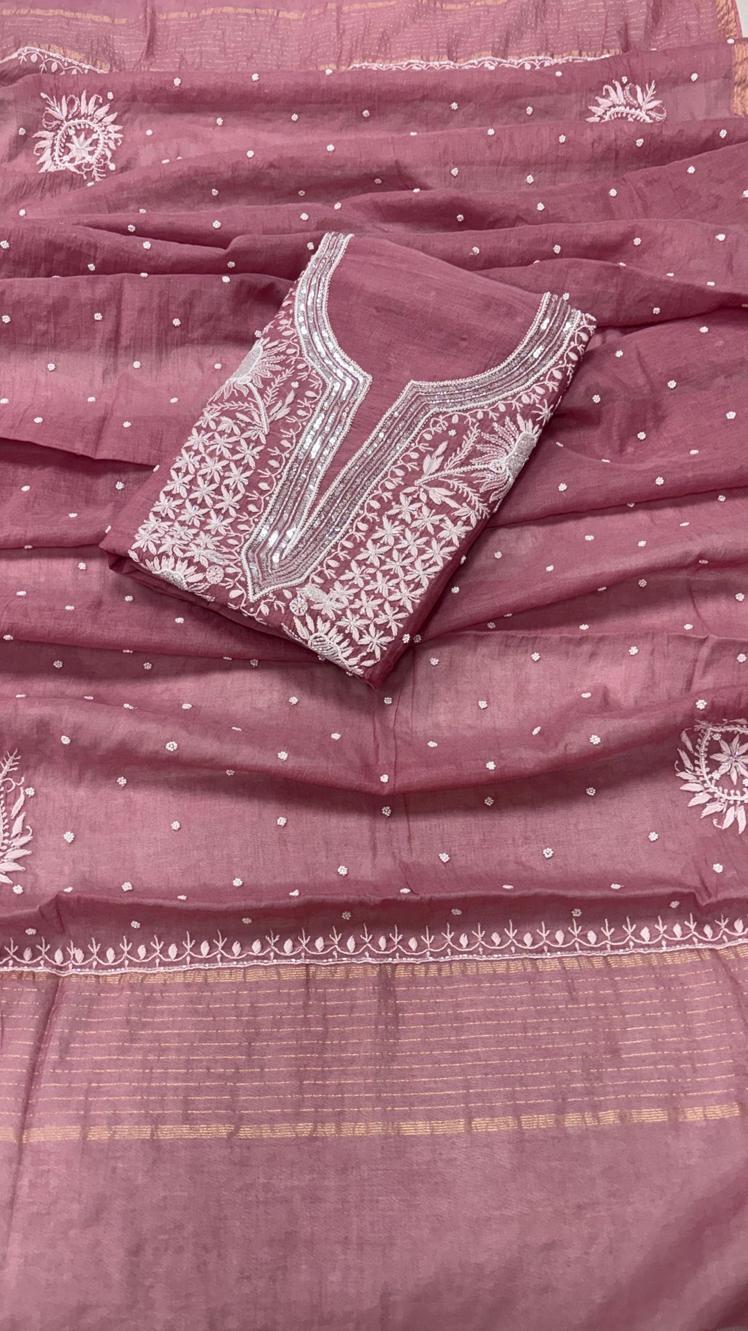 Pure Mul- Mul Chakiankari Work Unstitched Suit with Pearl and Cutdana work