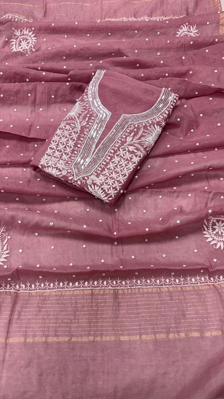 Pure Mul- Mul Chakiankari Work Unstitched Suit with Pearl and Cutdana work