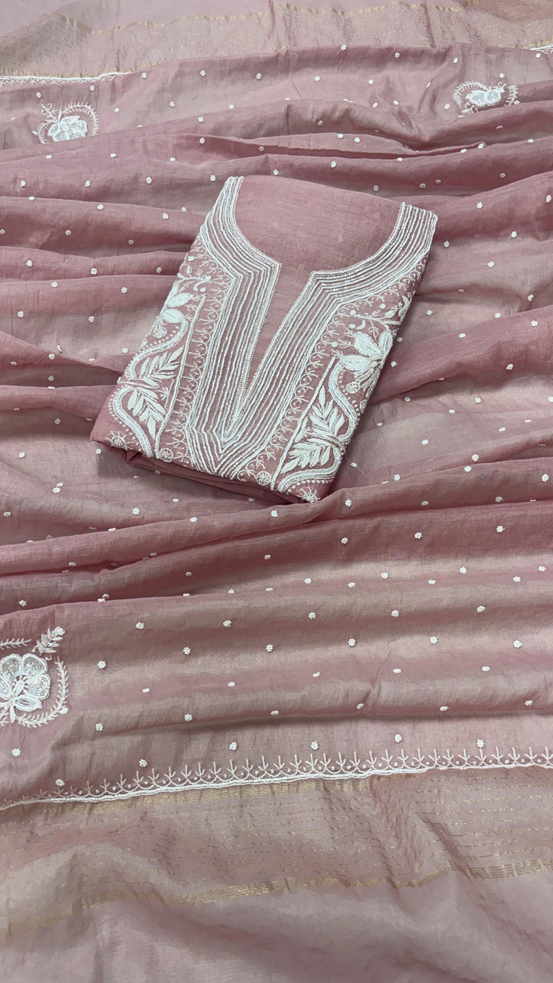 Pure Mul- Mul Chakiankari Work Unstitched Suit with Pearl and Cutdana work