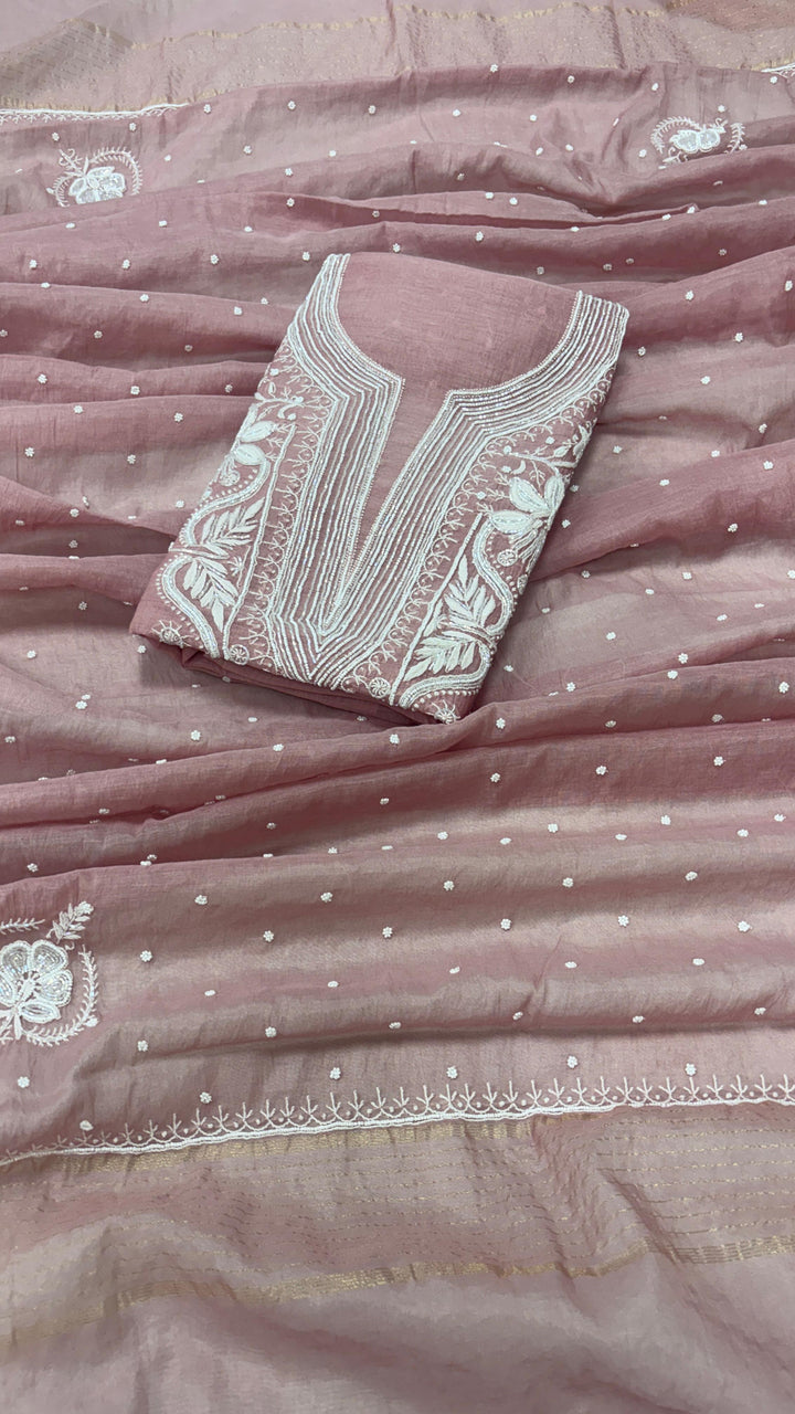 Pure Mul- Mul Chakiankari Work Unstitched Suit with Pearl and Cutdana work