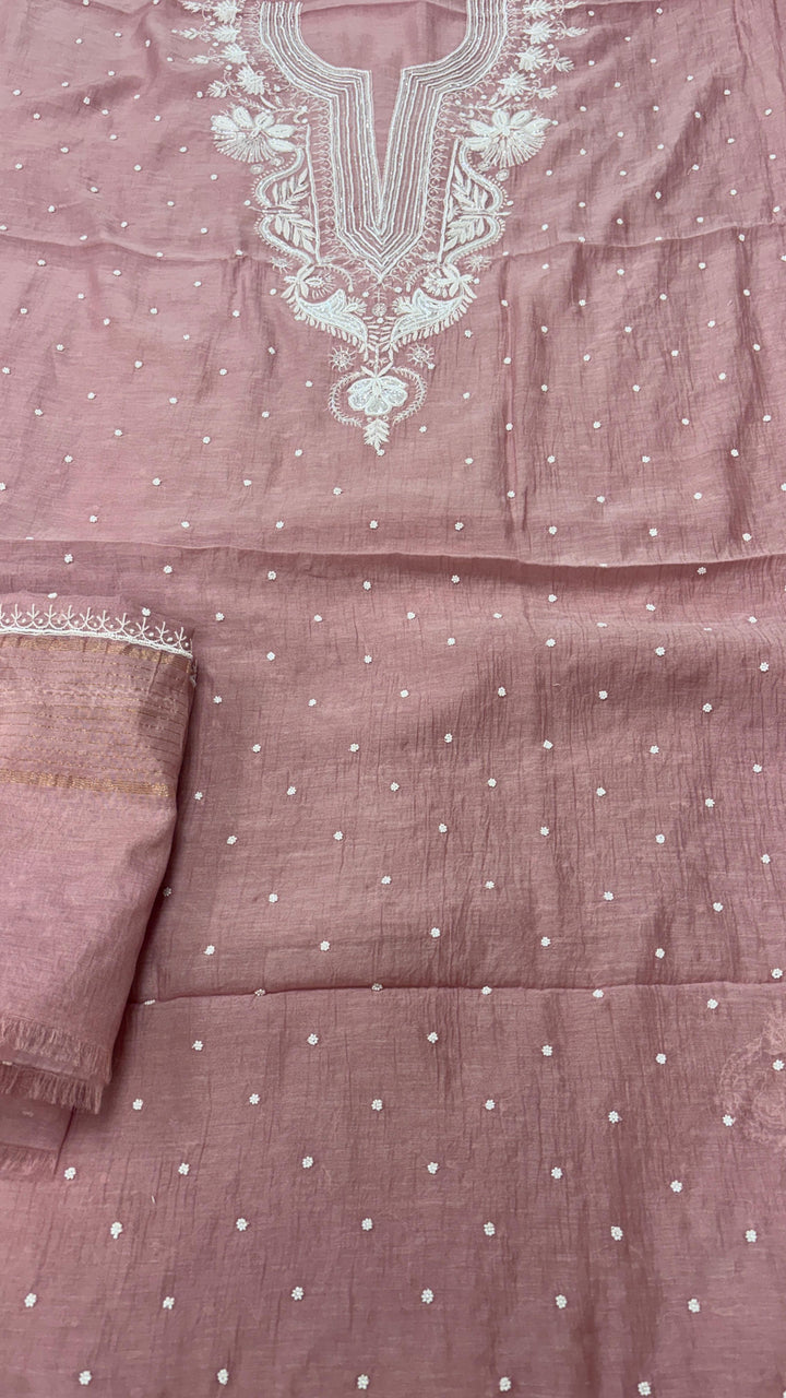 Pure Mul- Mul Chakiankari Work Unstitched Suit with Pearl and Cutdana work
