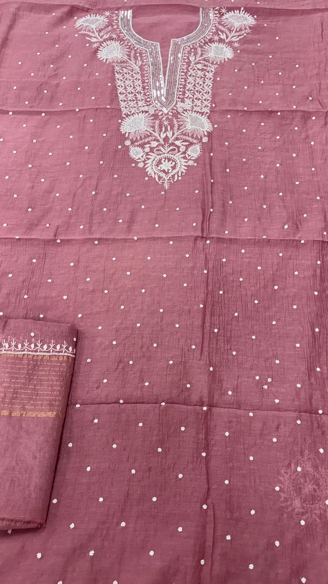 Pure Mul- Mul Chakiankari Work Unstitched Suit with Pearl and Cutdana work