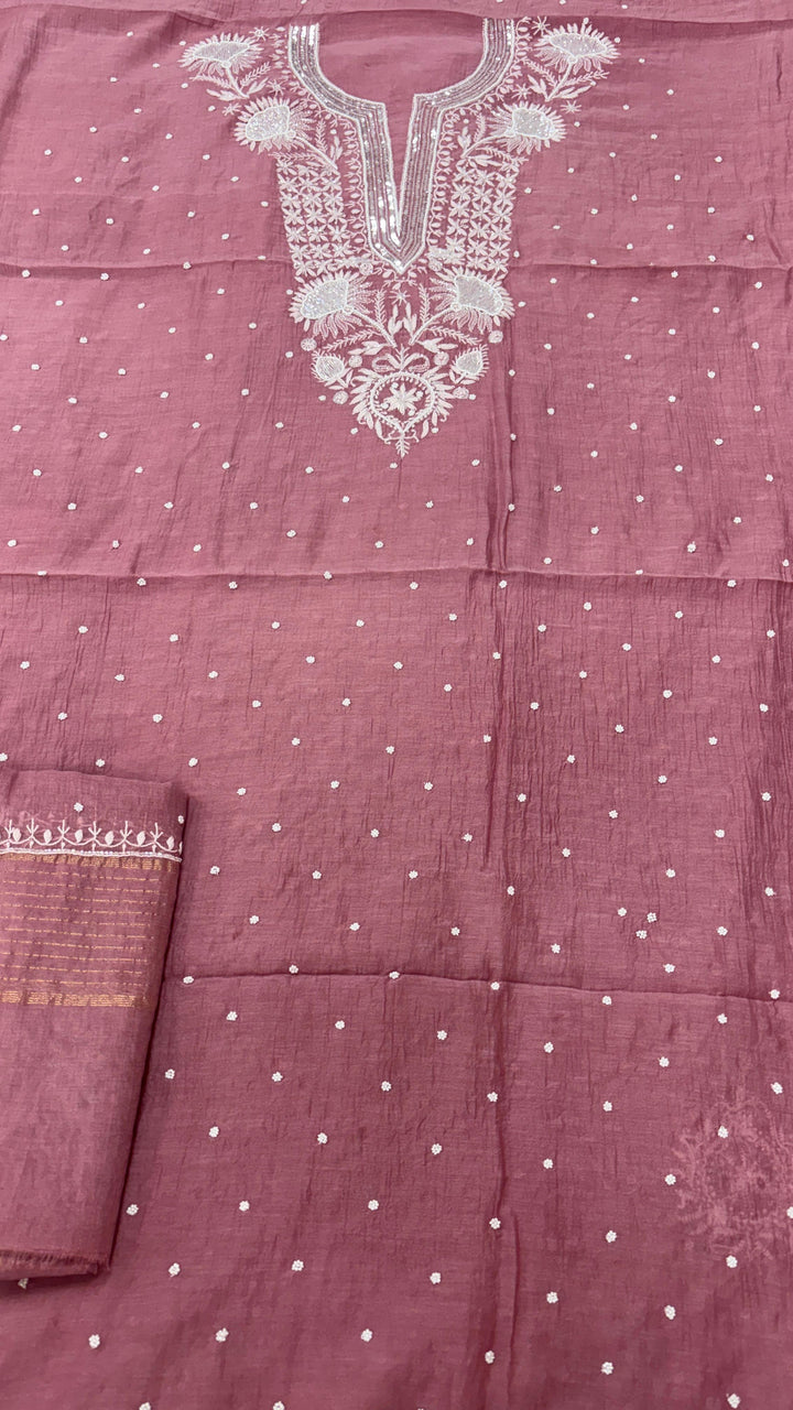 Pure Mul- Mul Chakiankari Work Unstitched Suit with Pearl and Cutdana work