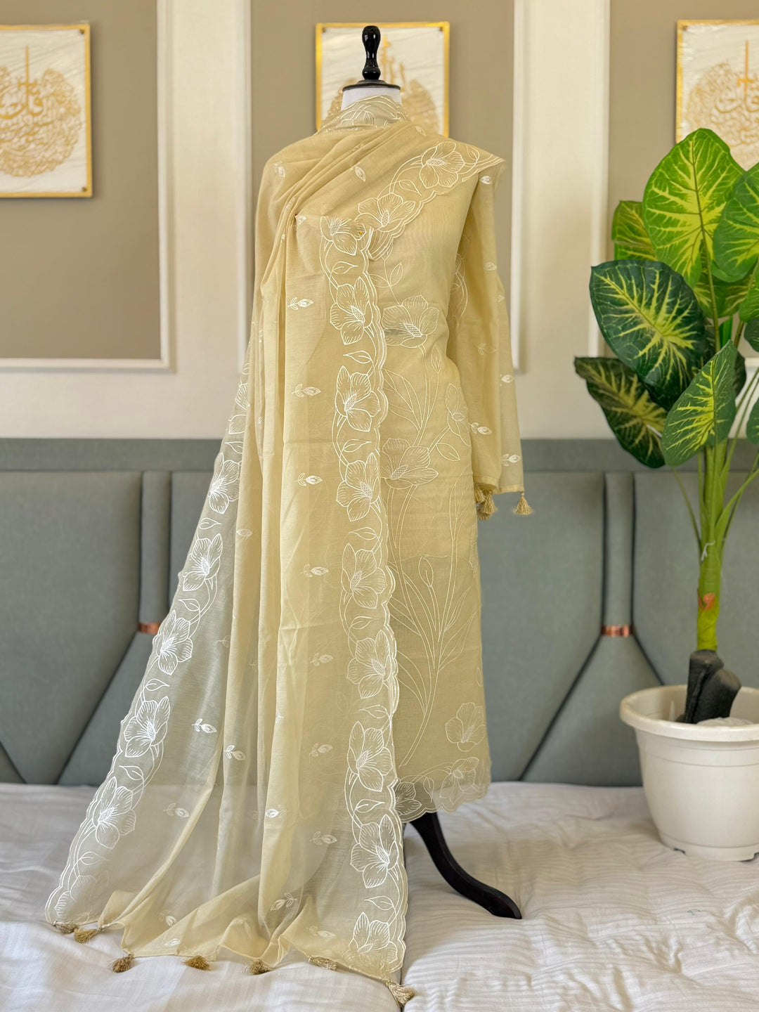 Pure Banarasi Mul Chanderi Unstitched Suit With Applique Cut Work