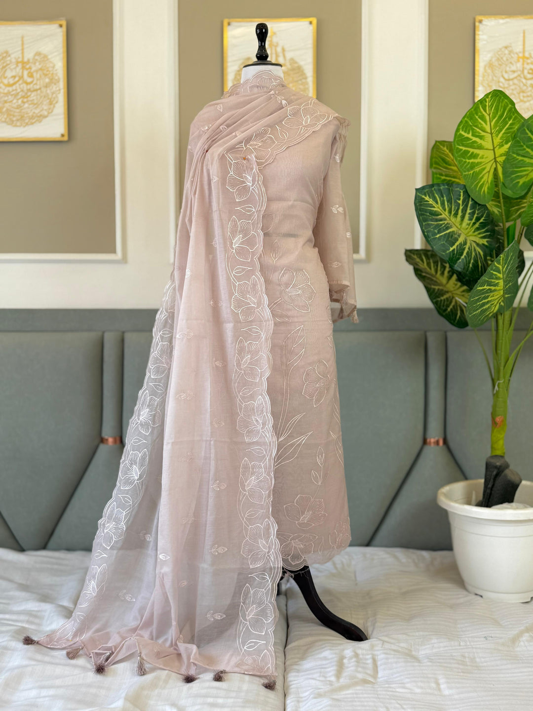 Pure Banarasi Mul Chanderi Unstitched Suit With Applique Cut Work