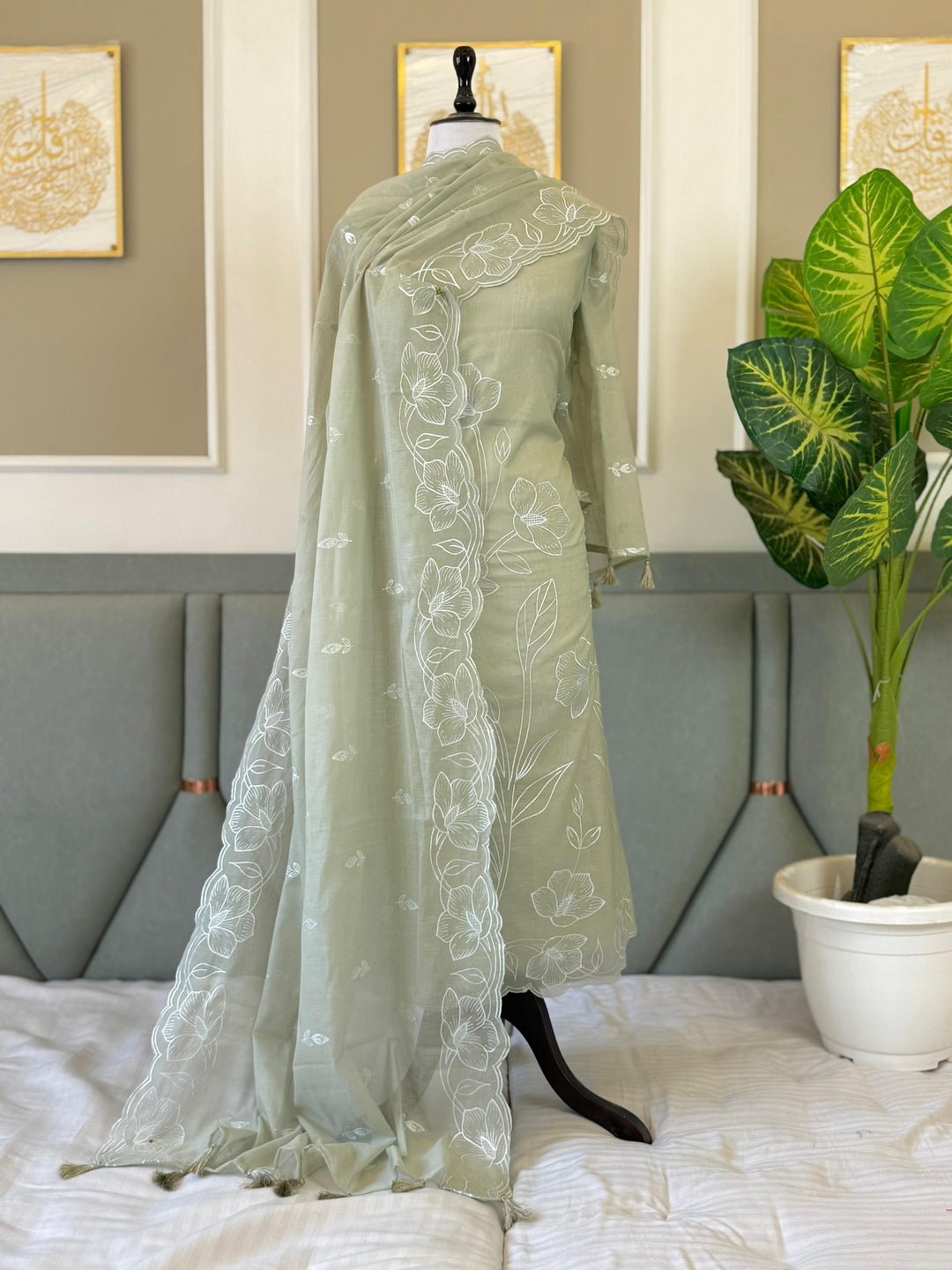 Pure Banarasi Mul Chanderi Unstitched Suit With Applique Cut Work