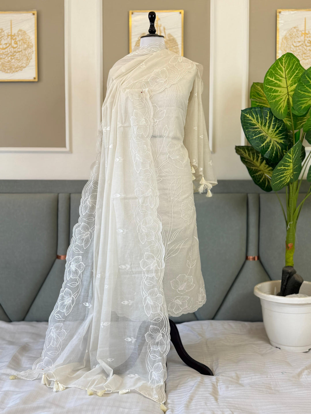 Pure Banarasi Mul Chanderi Unstitched Suit With Applique Cut Work