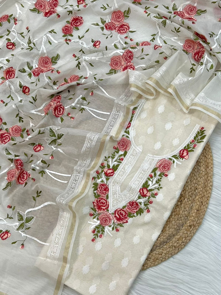 Exclusive Banarasi Cotton Silk Multi Embroidered Unstitched Suit