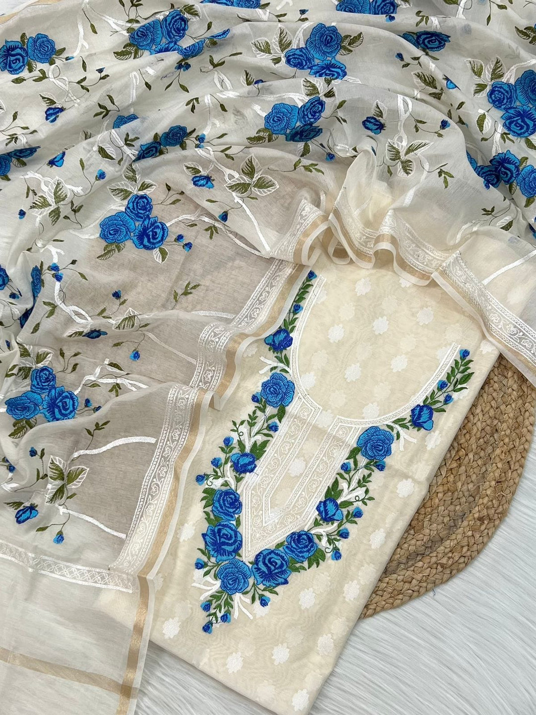 Exclusive Banarasi Cotton Silk Multi Embroidered Unstitched Suit