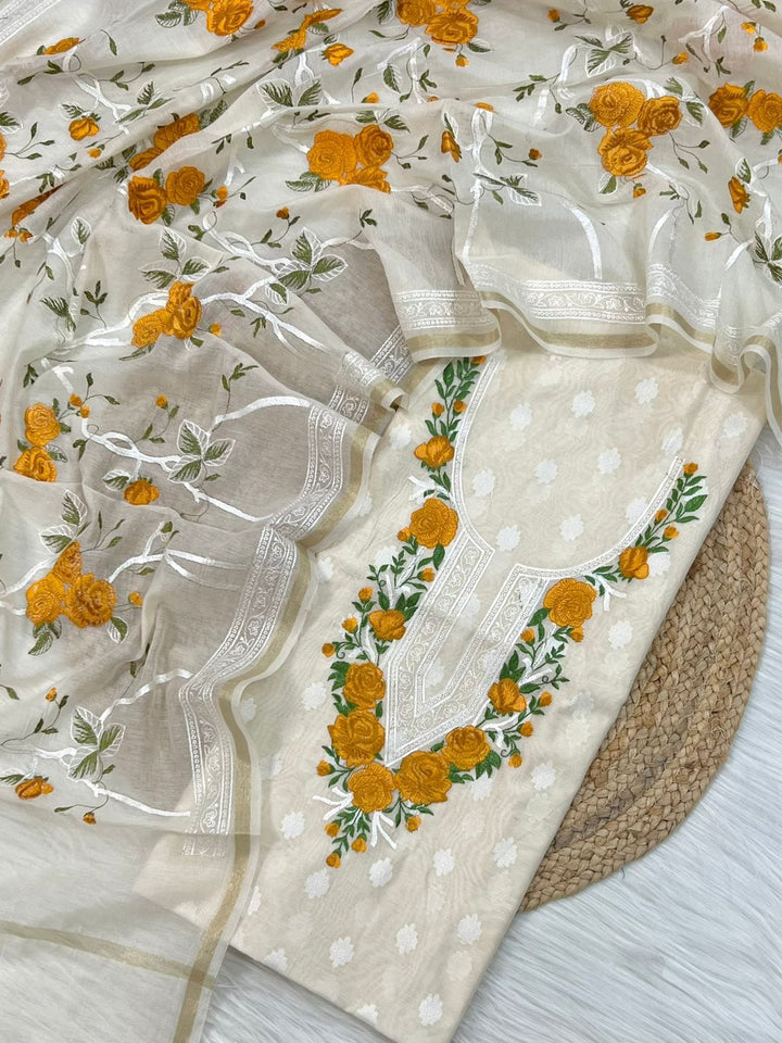 Exclusive Banarasi Cotton Silk Multi Embroidered Unstitched Suit