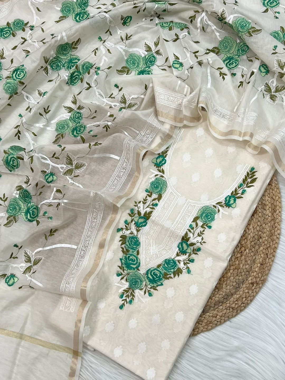 Exclusive Banarasi Cotton Silk Multi Embroidered Unstitched Suit