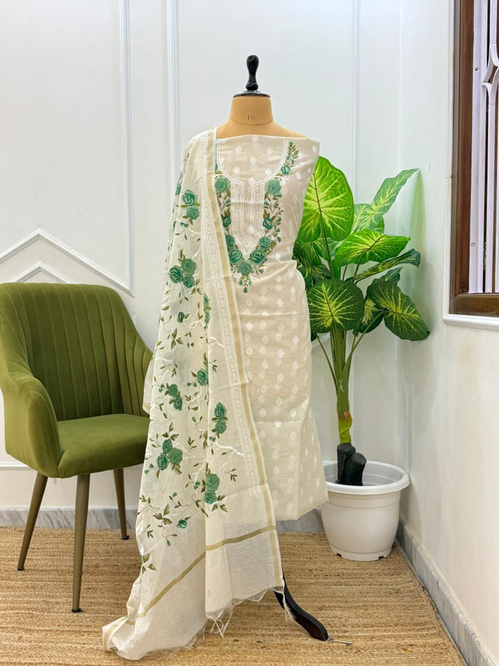Exclusive Banarasi Cotton Silk Multi Embroidered Unstitched Suit