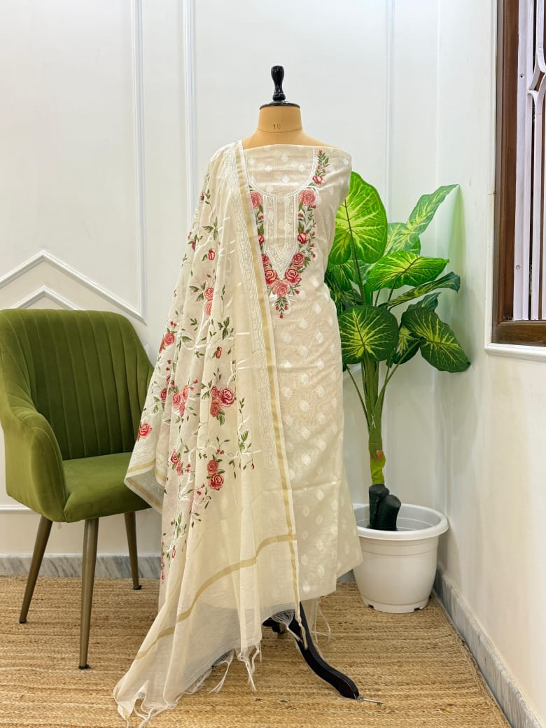Exclusive Banarasi Cotton Silk Multi Embroidered Unstitched Suit