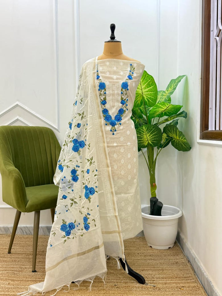 Exclusive Banarasi Cotton Silk Multi Embroidered Unstitched Suit