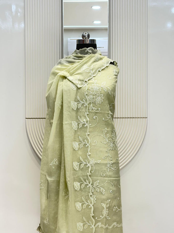 Pure Banarasi Mul Cotton Applique Work Unstitched Suit